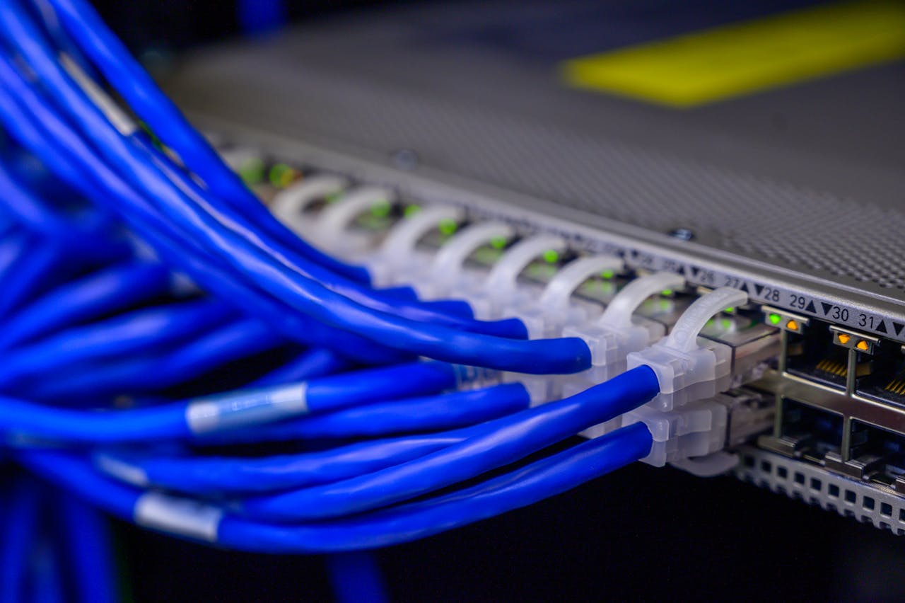 hero-img-02 Detailed view of blue ethernet cables connected to a network switch in a data center.
